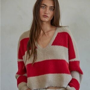 NWT By Together Striped Fuzzy Knit V-Neck Sweater in Red and Taupe - Size S